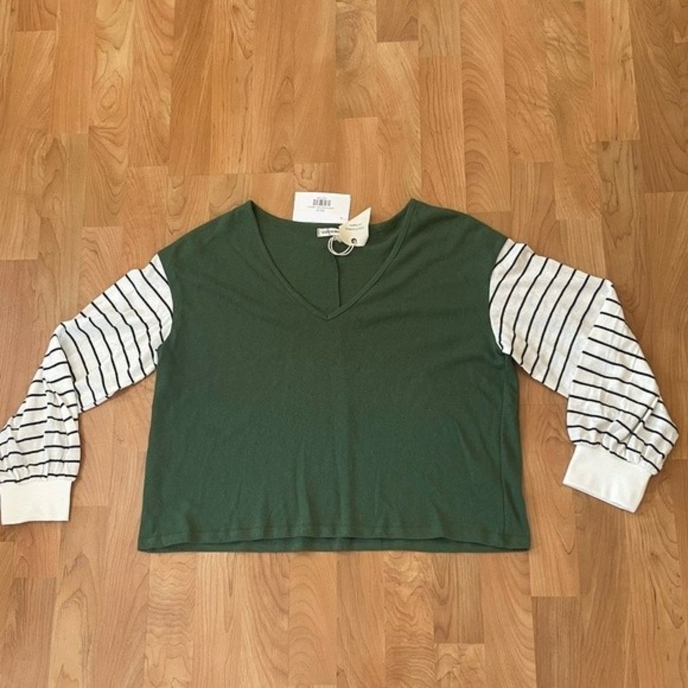 Boutique Women's Top Green with Black and White Stripe Sleeves